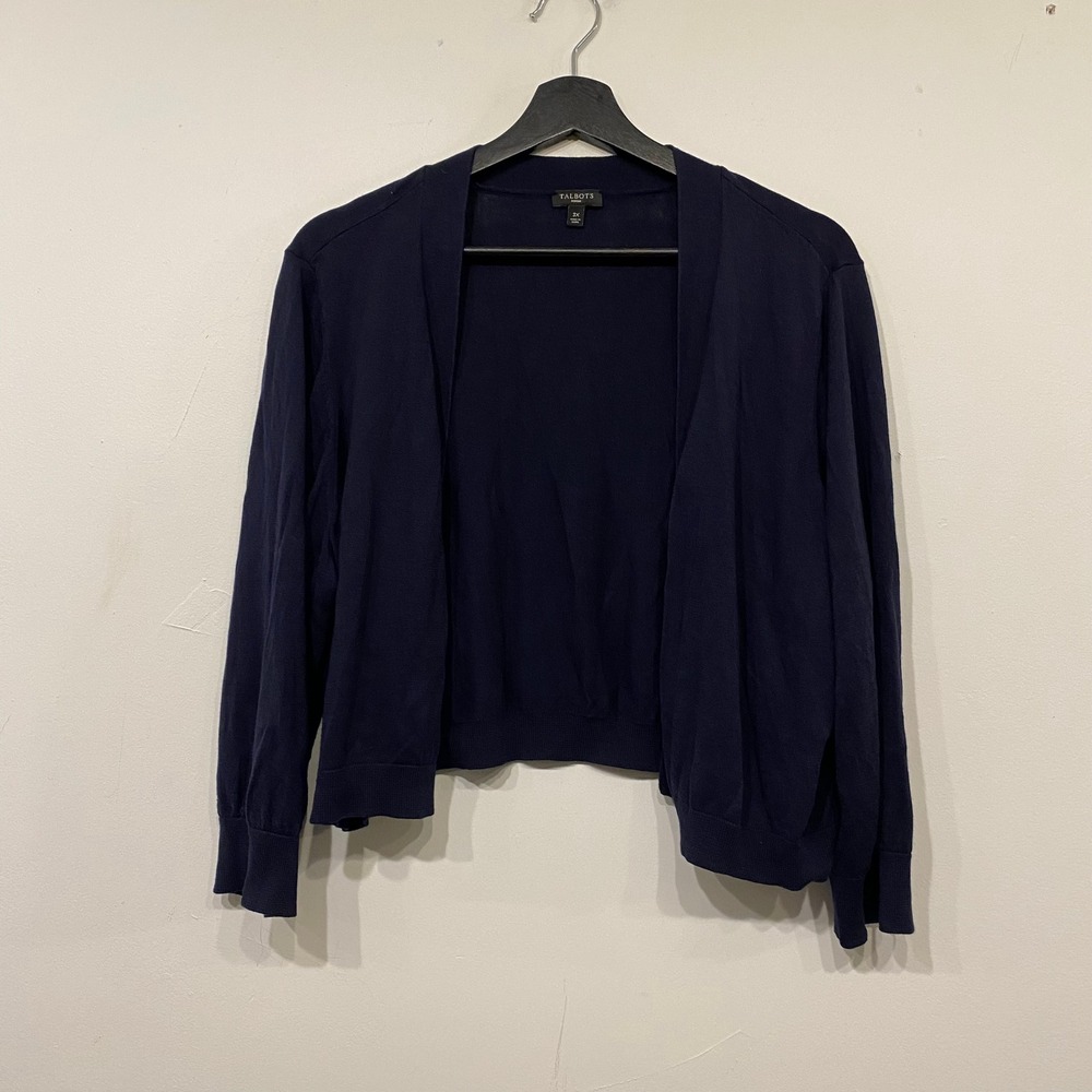 Talbots Woman Navy Blue Open Front Cropped Cardigan Sweater Size 3X Fits Medium